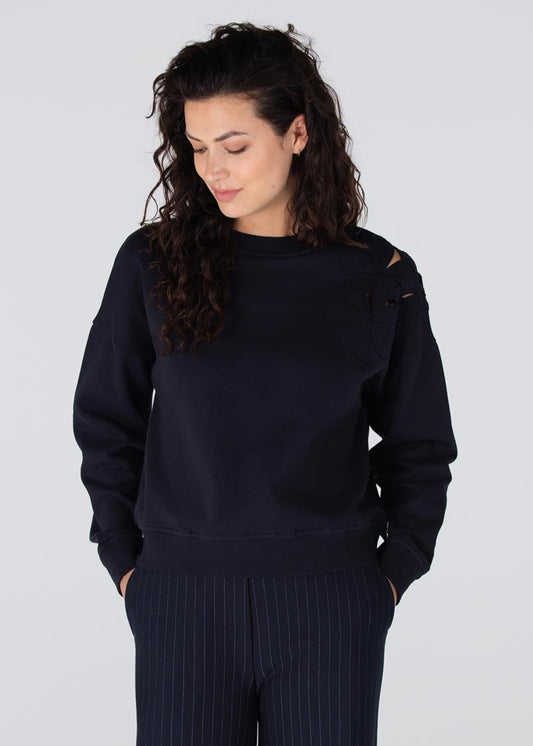 Jansen Amsterdam Gaby sweater met bloem detail | Donkerblauw