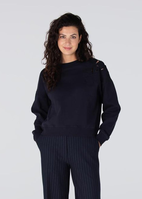 Jansen Amsterdam Gaby sweater met bloem detail | Donkerblauw