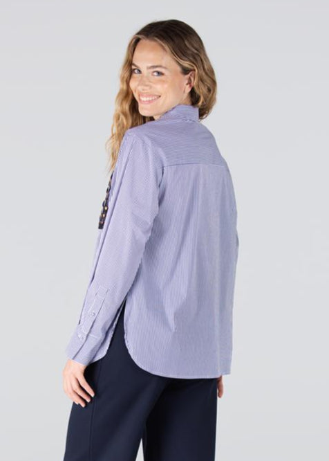 Jansen Amsterdam Goldie streep blouse met pailletten | Donkerblauw