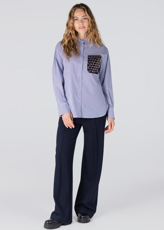 Jansen Amsterdam Goldie streep blouse met pailletten | Donkerblauw