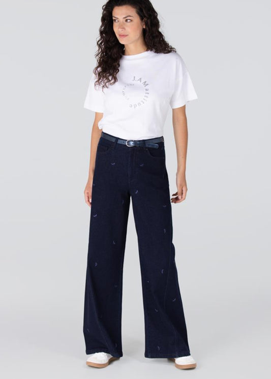 Jansen Amsterdam Isabeau jeans met borduurprint | Donkerblauw denim