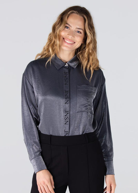 Jansen Amsterdam Lieke glans blouse met geborduurd logo - Antraciet