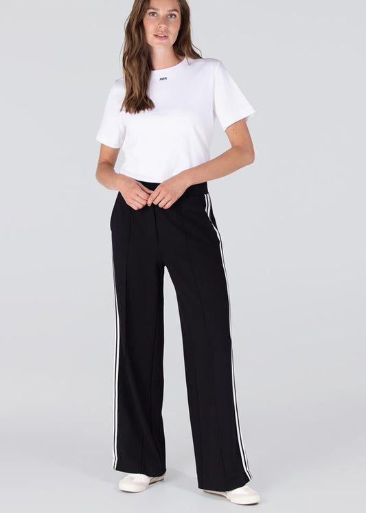 Jansen Amsterdam Aleidas wide leg pantalon met zijstreep | Zwart - Off white