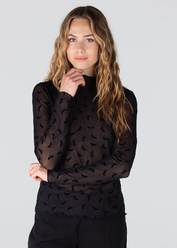 Jansen Amsterdam Jula mesh top met all-over print | Zwart