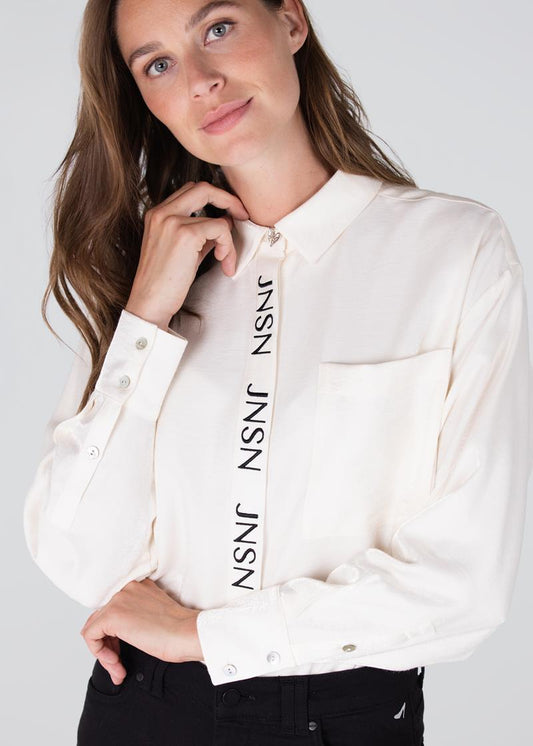 Jansen Amsterdam Lieke glans blouse met geborduurd logo - Wit