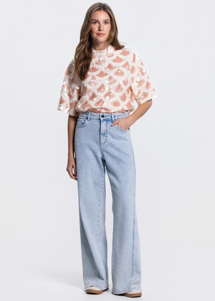 Jansen Amsterdam Rian pailletten top in Wit & Perzik