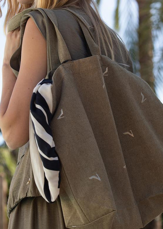 Jansen Amsterdam BAG Tote Bag in legergroen met Geborduurde Hakjes
