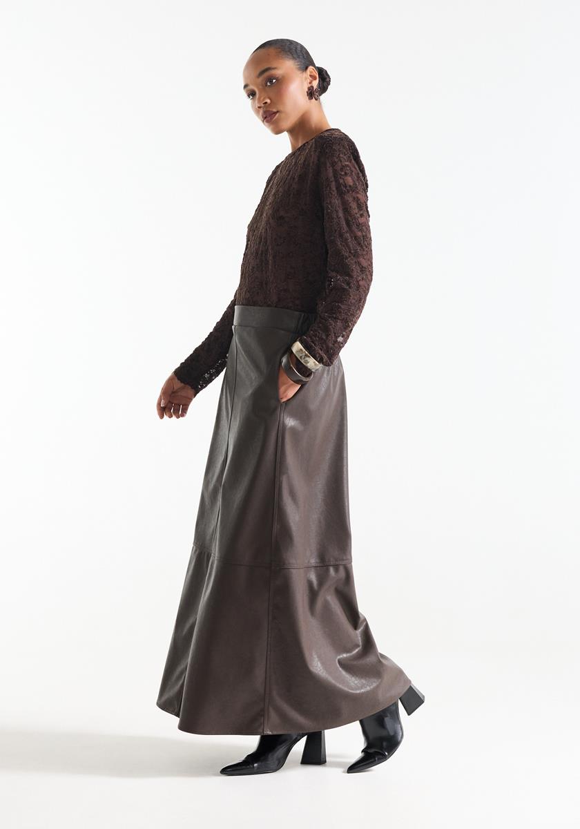 Jansen Amsterdam Bruine maxi rok met leatherlook finish