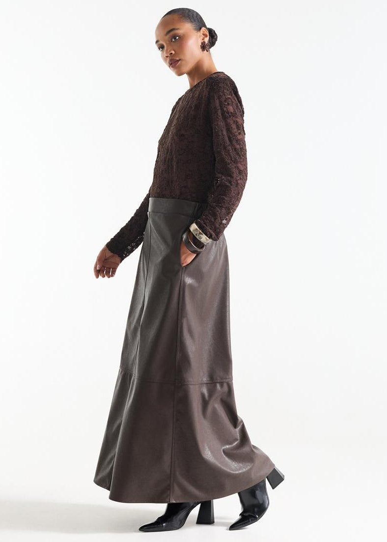 Jansen Amsterdam Bruine maxi rok met leatherlook finish