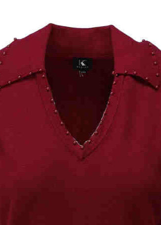 K-Design Pull met parels aan V-hals Navy 825