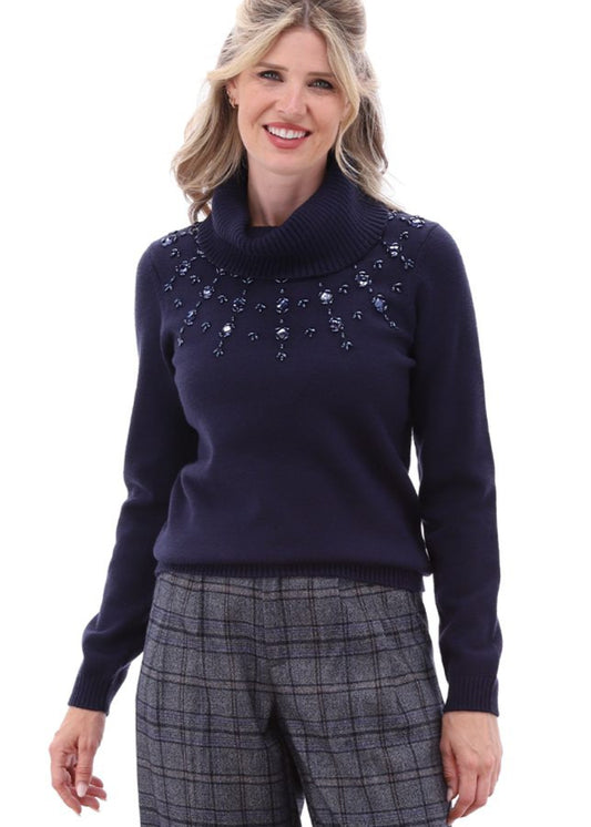 K-Design Pull rolkraag met kralen B812 kleur Navy