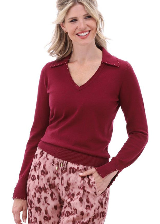 K-Design Pull met parels aan V-hals Navy 825