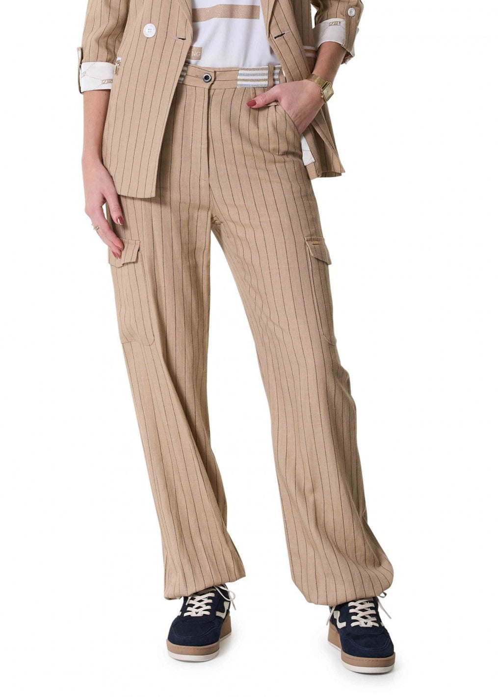Zip73 Cargo wide leg pinstripe caramel