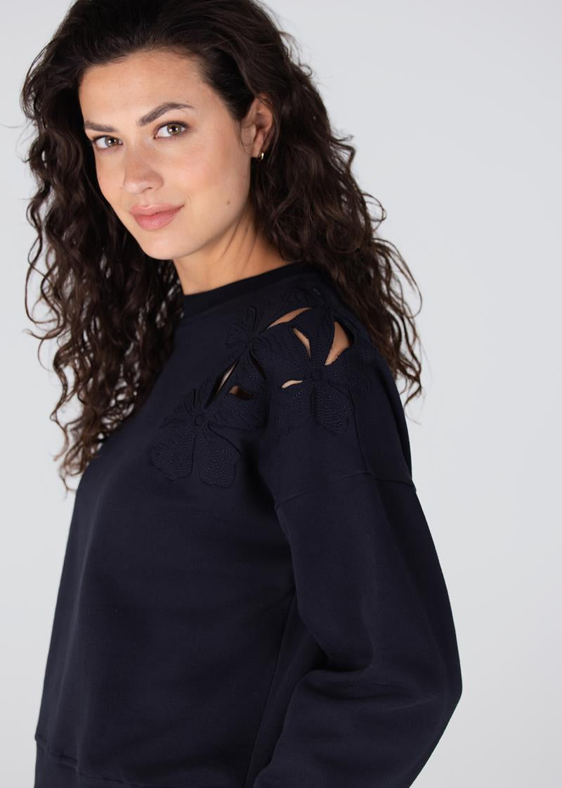 Jansen Amsterdam Gaby sweater met bloem detail | Donkerblauw