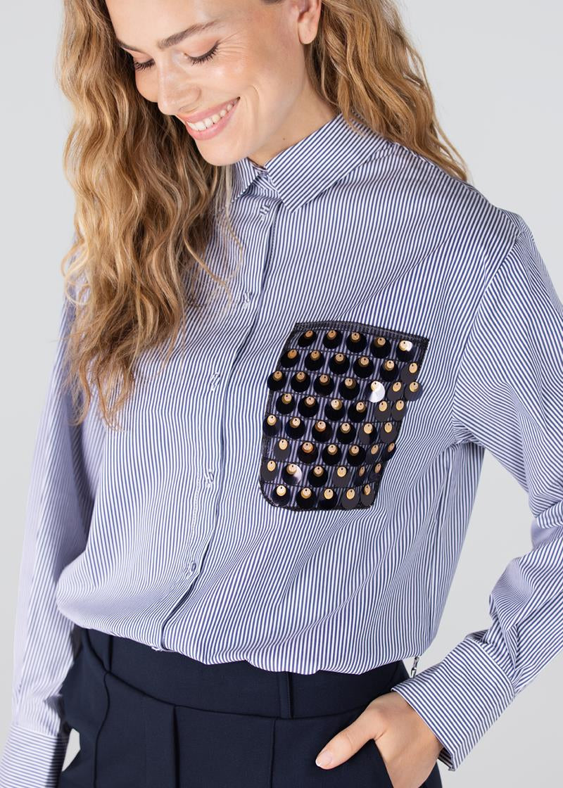 Jansen Amsterdam Goldie streep blouse met pailletten | Donkerblauw