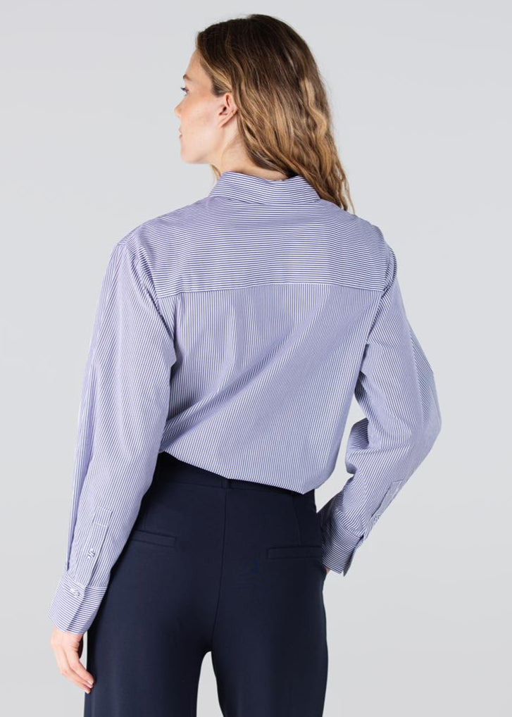 Jansen Amsterdam Goldie streep blouse met pailletten | Donkerblauw