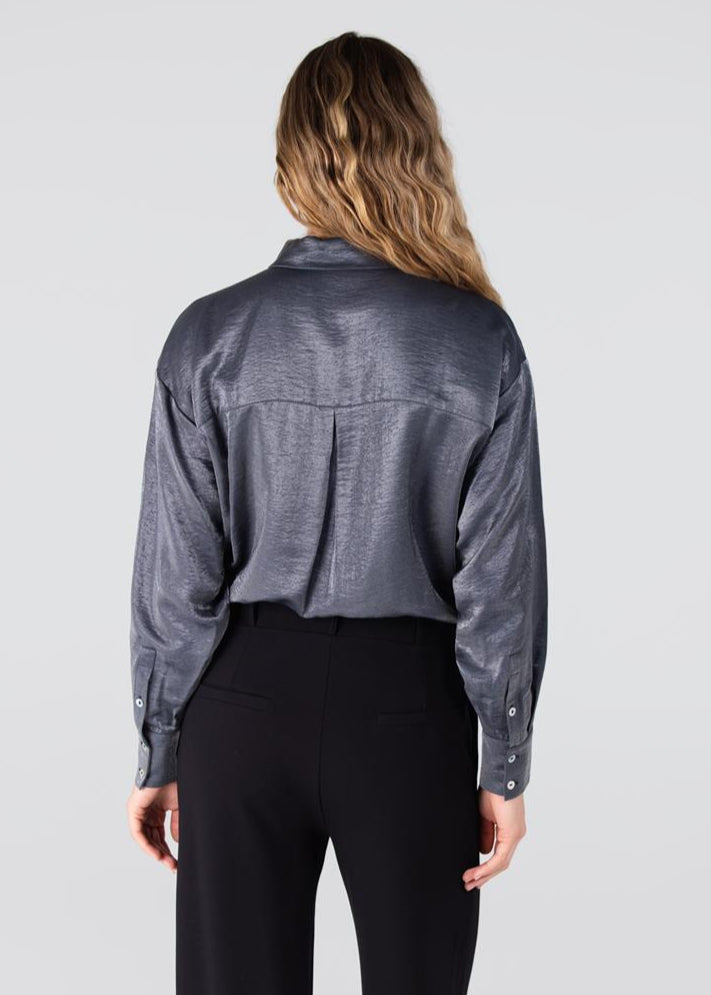 Jansen Amsterdam Lieke glans blouse met geborduurd logo - Antraciet