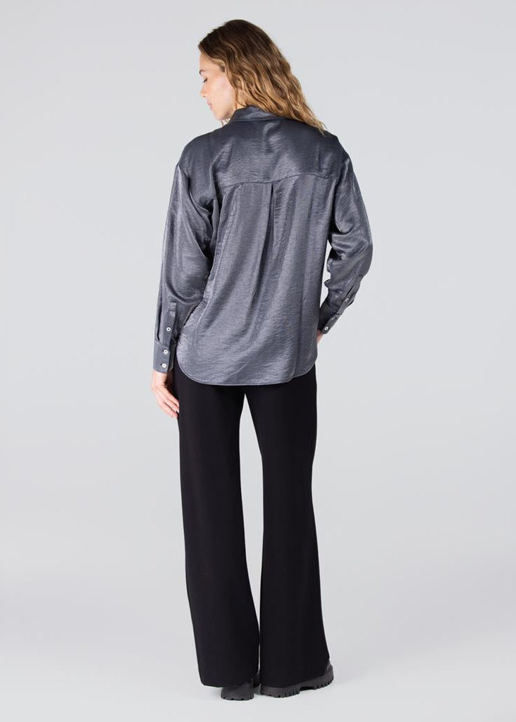 Jansen Amsterdam Lieke glans blouse met geborduurd logo - Antraciet