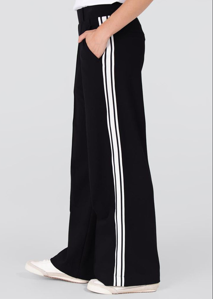 Jansen Amsterdam Aleidas wide leg pantalon met zijstreep | Zwart - Off white