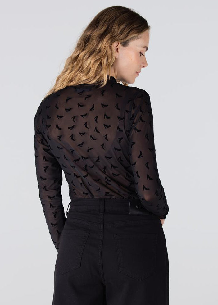 Jansen Amsterdam Jula mesh top met all-over print | Zwart