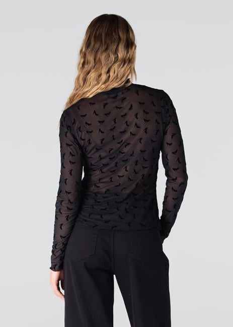Jansen Amsterdam Jula mesh top met all-over print | Zwart