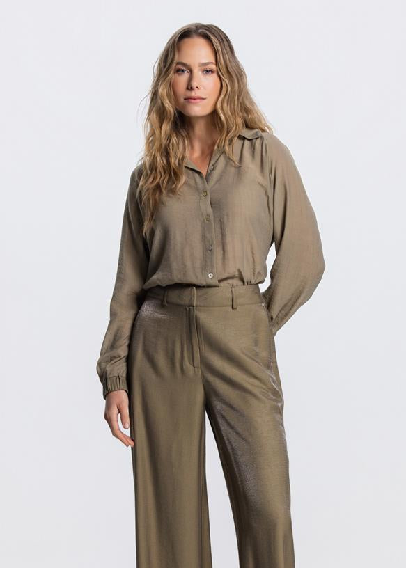 Jansen Amsterdam Ollie blouse met elastische boorden in Legergroen