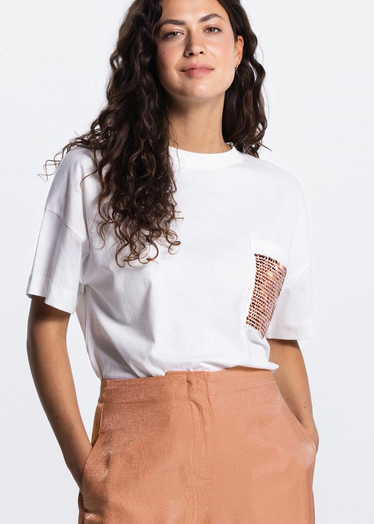 Jansen Amsterdam Liv t-shirt met pailletten zakje in Wit