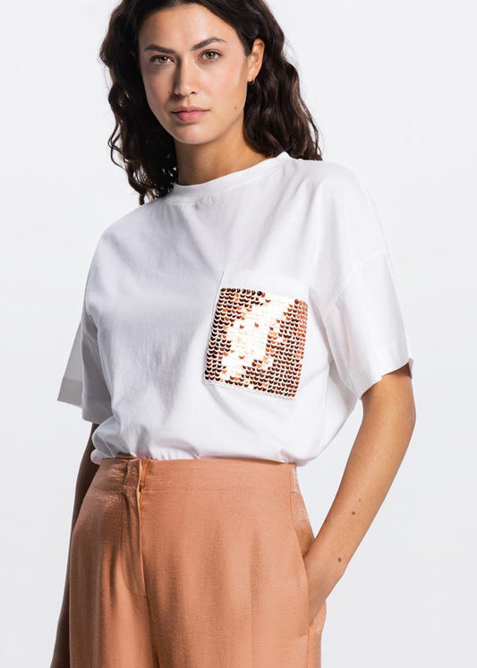 Jansen Amsterdam Liv t-shirt met pailletten zakje in Wit