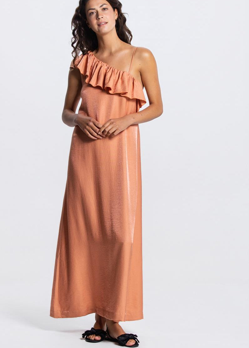 Jansen Amsterdam Niek one shoulder jurk in donker perzik
