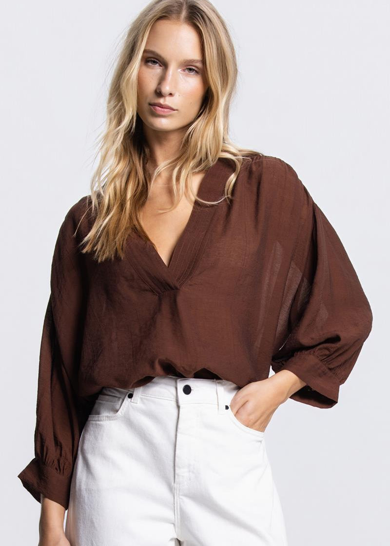 Jansen Amsterdam Pem transparante v-hals blouse in Bruin