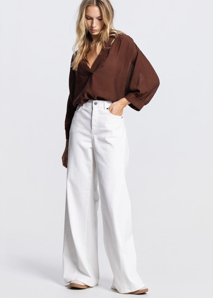 Jansen Amsterdam Pem transparante v-hals blouse in Bruin