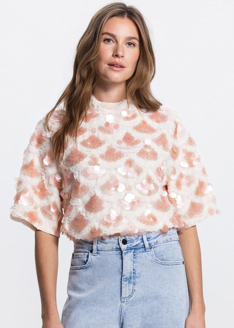 Jansen Amsterdam Rian pailletten top in Wit &amp; Perzik