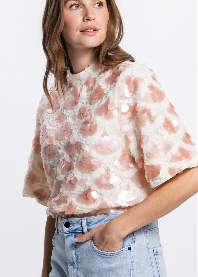 Jansen Amsterdam Rian pailletten top in Wit &amp; Perzik