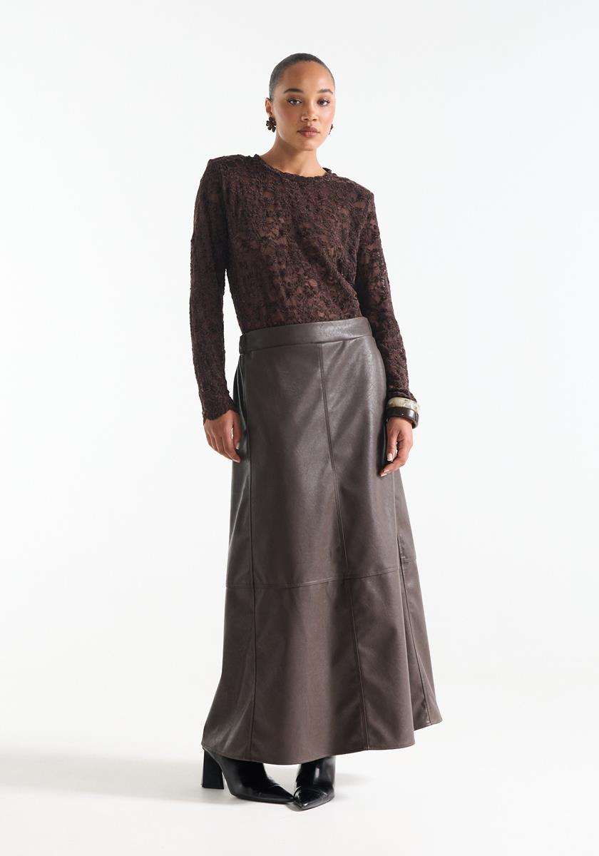 Jansen Amsterdam Bruine maxi rok met leatherlook finish