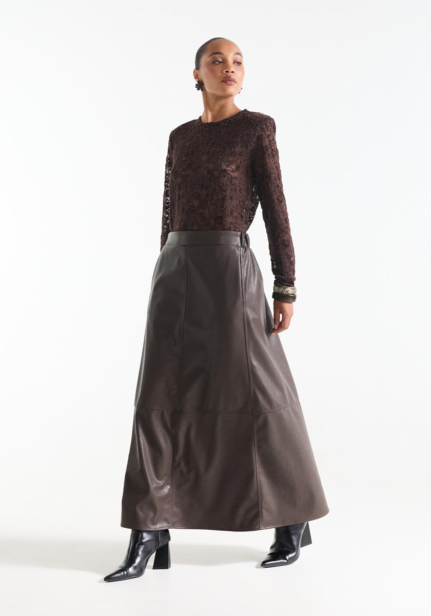 Jansen Amsterdam Bruine maxi rok met leatherlook finish