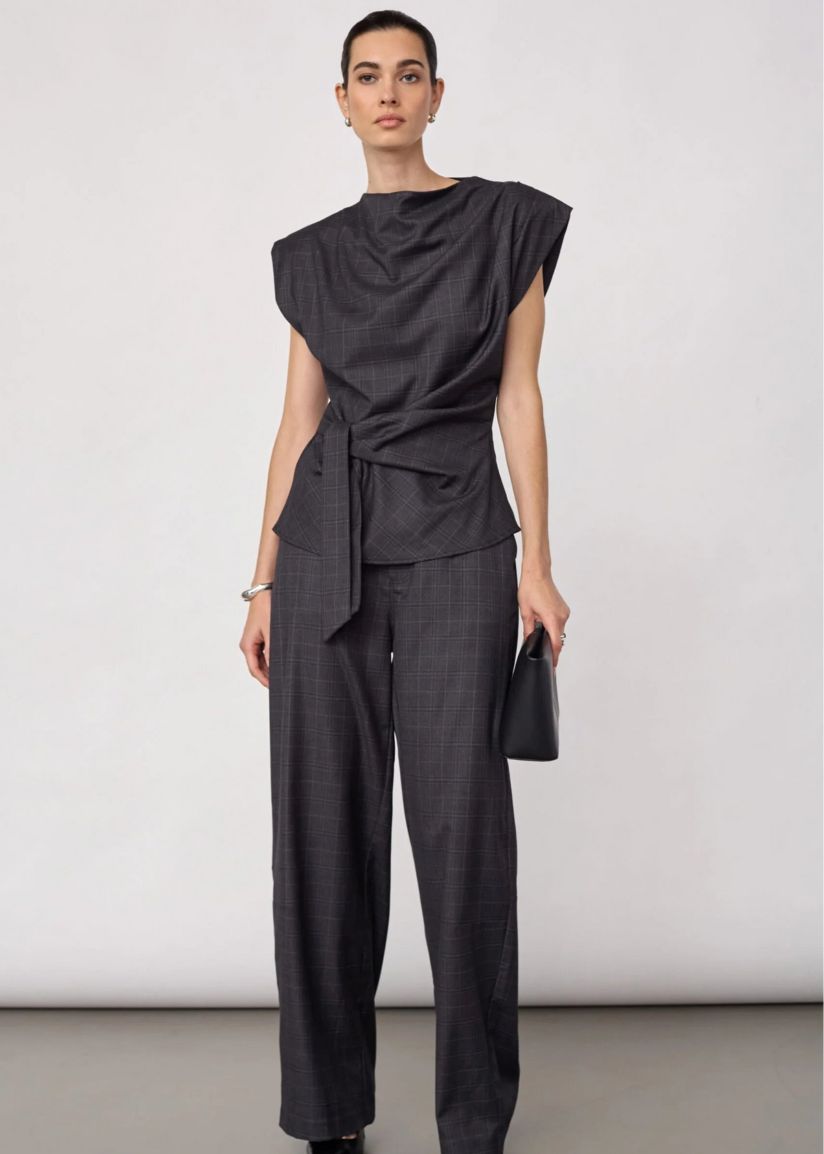 Co'couture Eloracc Check Pleat Top Dark Grey