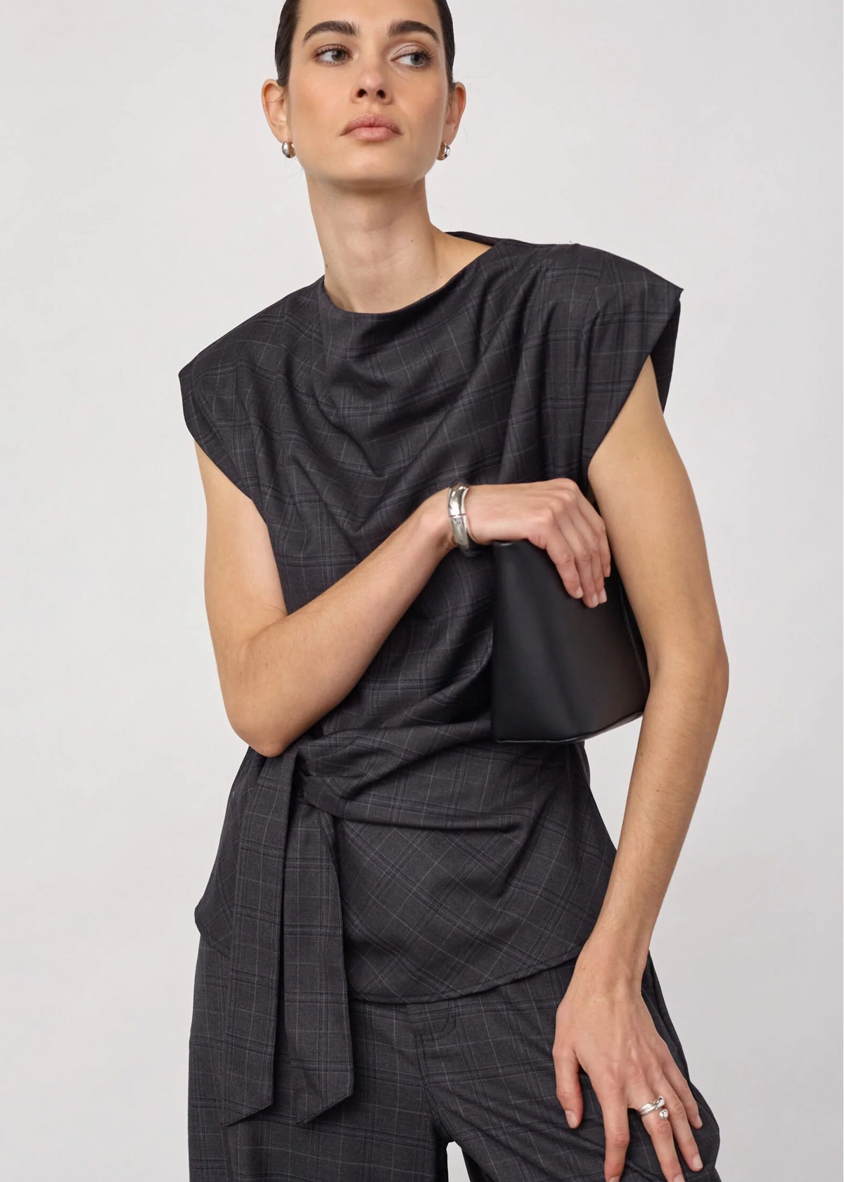 Co'couture Eloracc Check Pleat Top Dark Grey