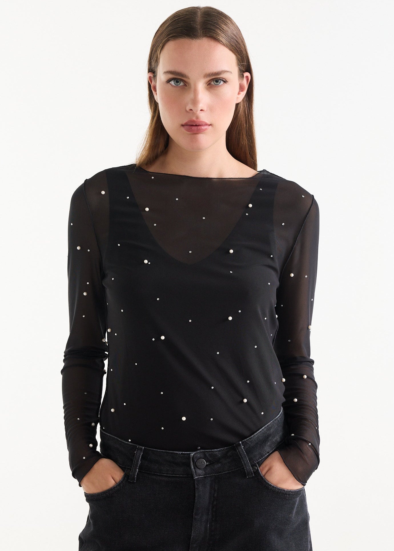 Jansen Amsterdam ANNABEL TOP mesh allover pearls and rhinestones