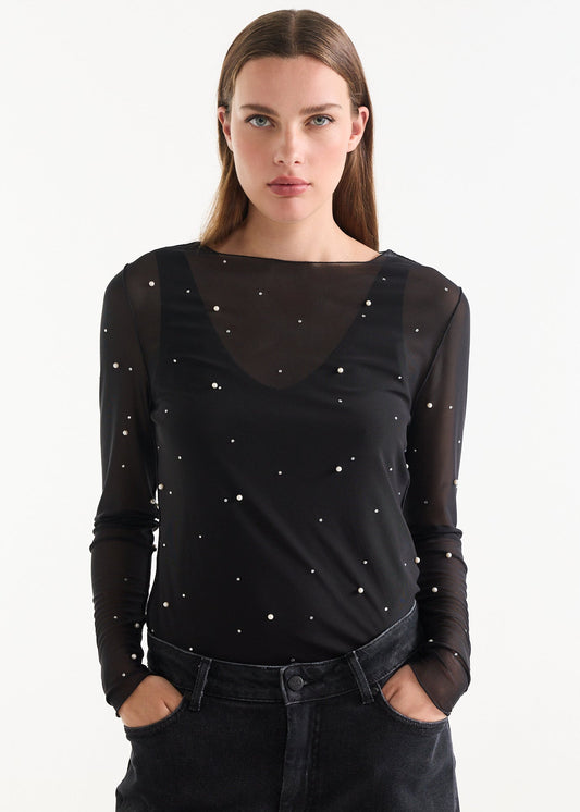 Jansen Amsterdam ANNABEL TOP mesh allover pearls and rhinestones