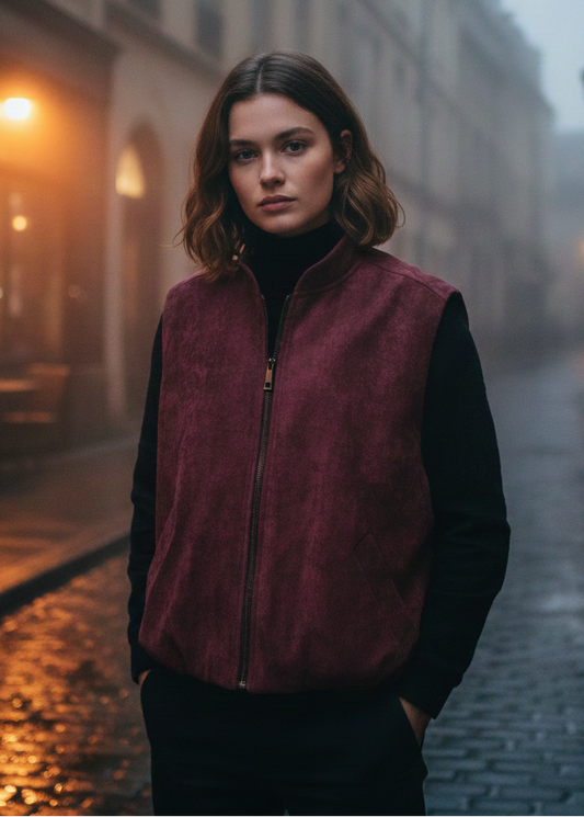 Amelie&Amelie Laval gilet bordeaux, camel en choco