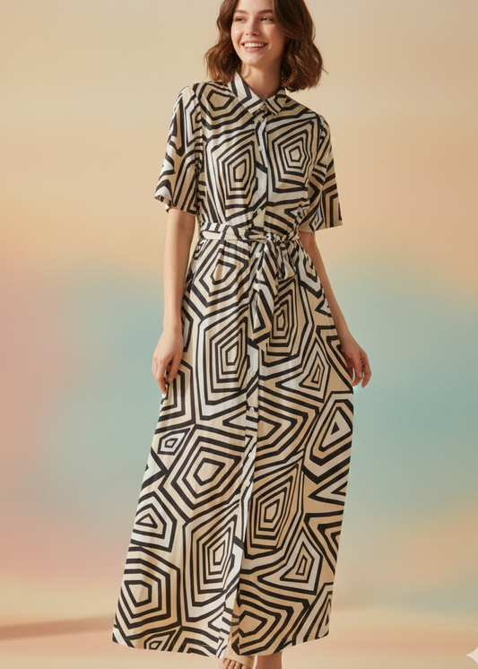 Batida cream line print jurk 2441