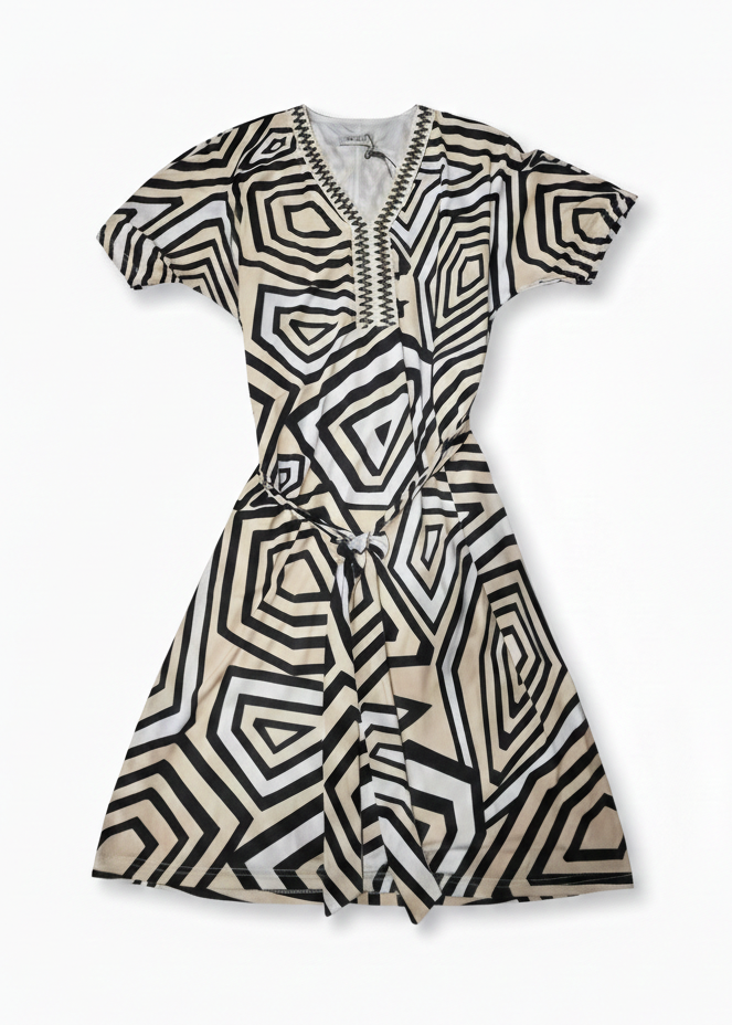 Batida cream line print jurk 2446
