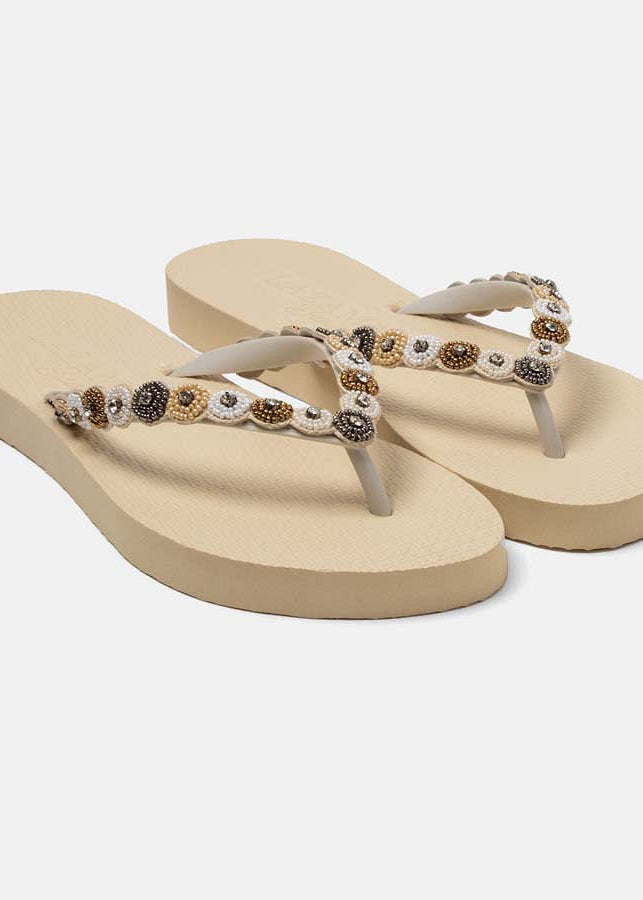 Lazamani beach slippers round beads + rhinestones
