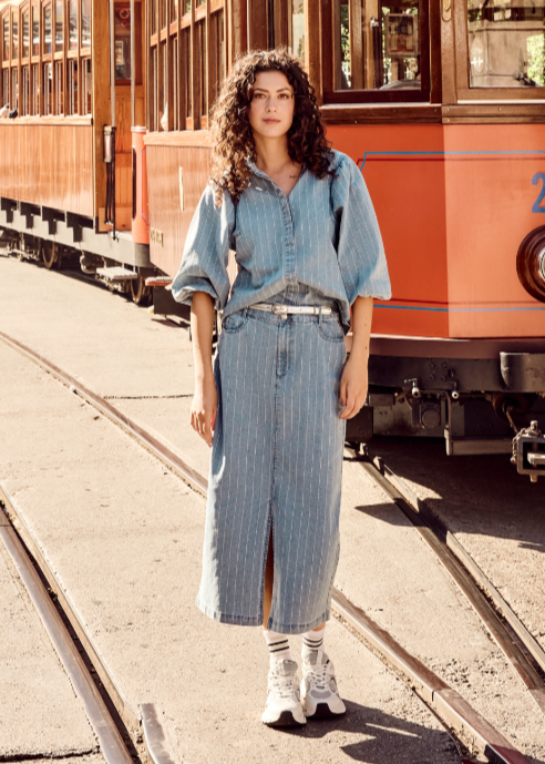 Tramontana pinestripe denim maxi rok