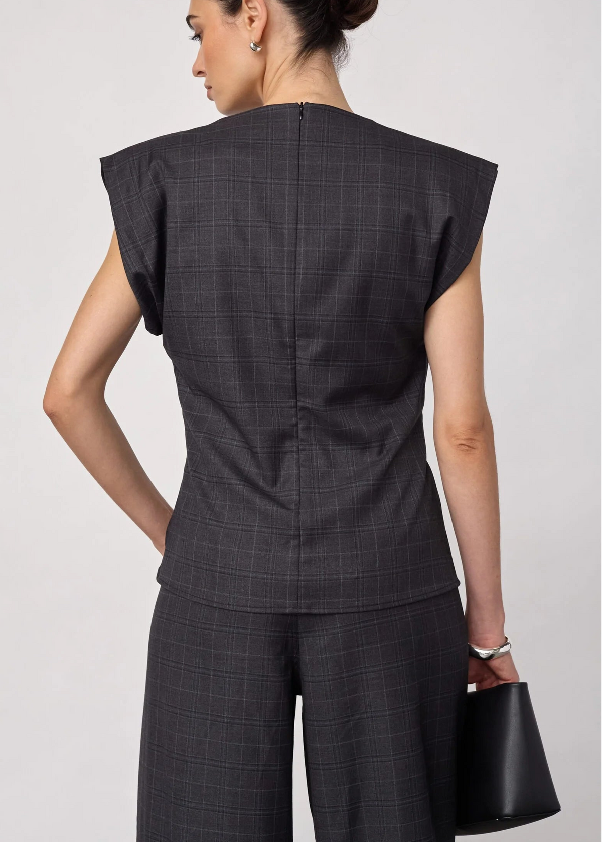 Co'couture Eloracc Check Pleat Top Dark Grey